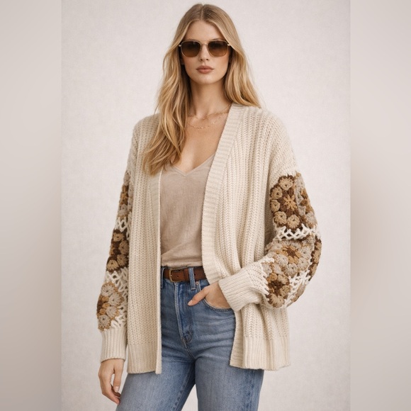 ADORA Sweaters - Adora Crochet Open Knit Cardigan Cream Patchwork Sleeves Size M New Without Tags